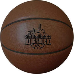 Dark colored custom synthetic leather basketball with black colored debossed logo. The minimum order is 100 pieces.