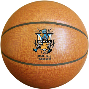 Custom synthetic leather basketball with multi-color printed logo. Opposite side printing of the same logo is free.