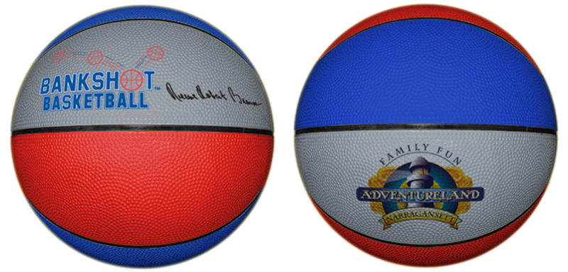 Rubber basketball with opposite side printing for basketball camps.